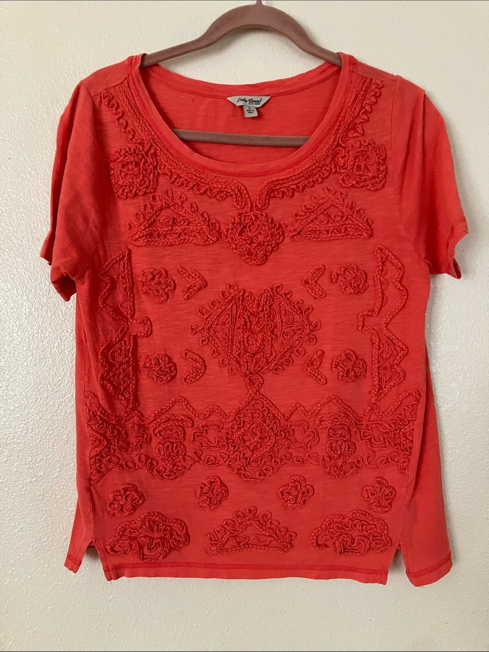 Lucky Brand Coral Braided Embroidery Top, L